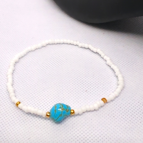 Anklet Bracelet White Handmade Beaded With Turquoise Nugget 8 1/2" NWT - Picture 2 of 4